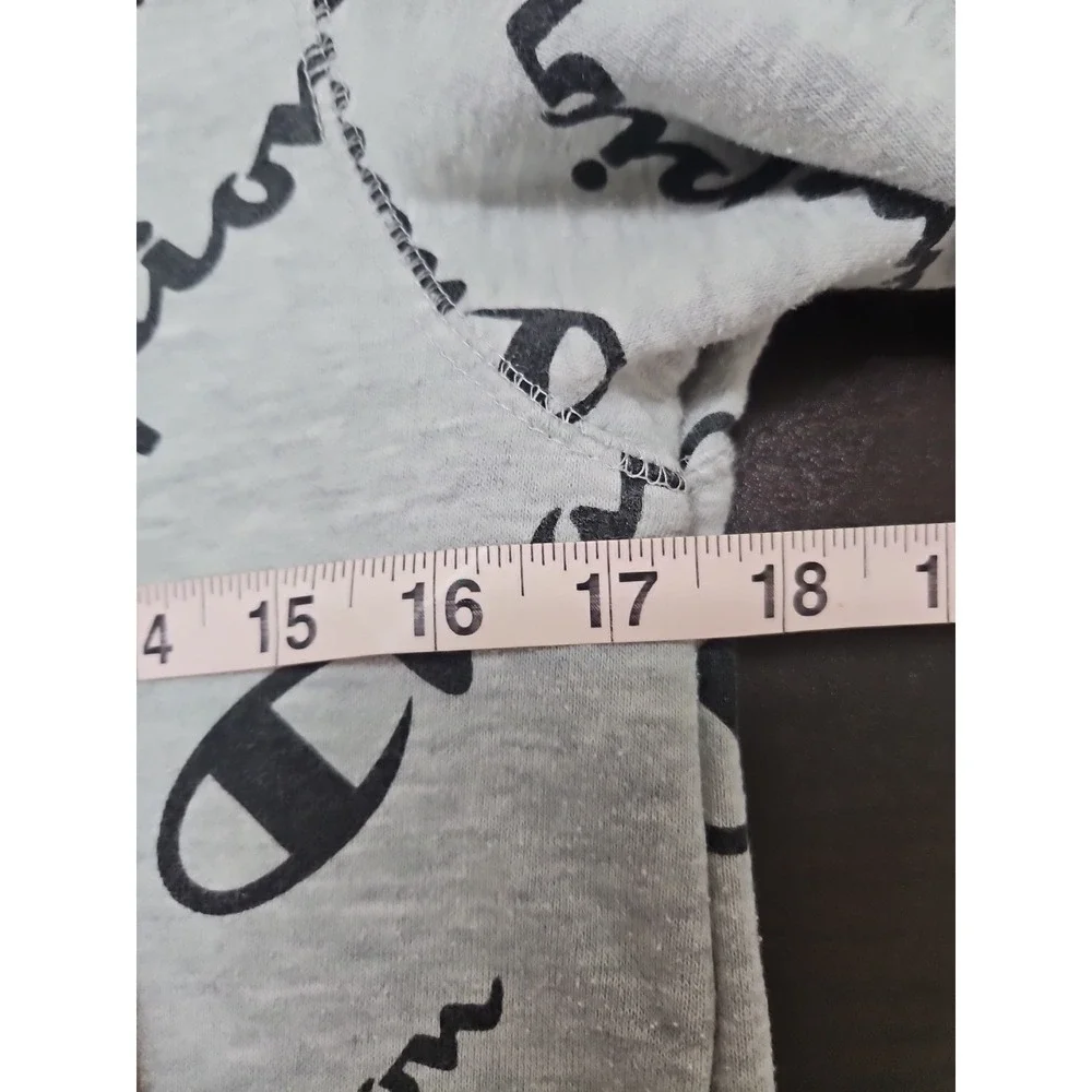 Champion Hoodie Youth Medium Sweatshirt Pullover Gray Black All Over Logo Print